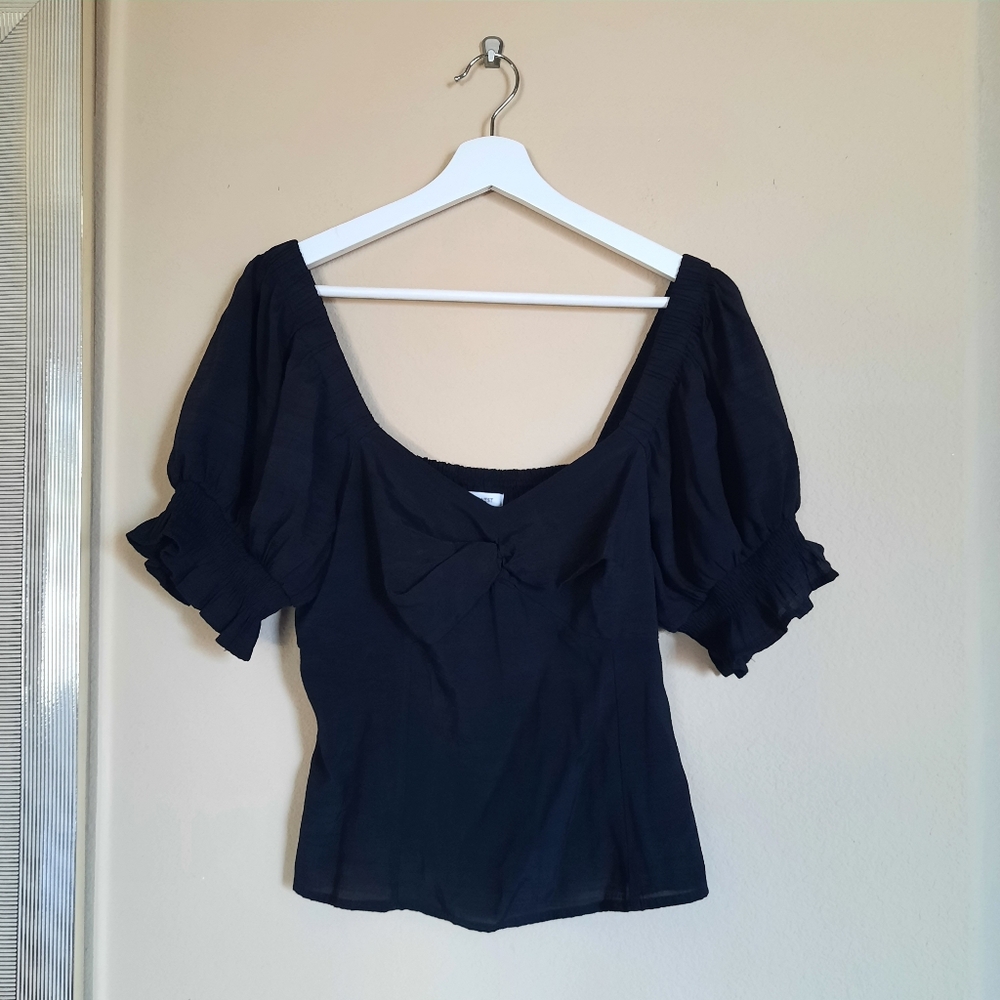 Nine West Black Puff Sleeve Peasant Boho Bohemian Blouse